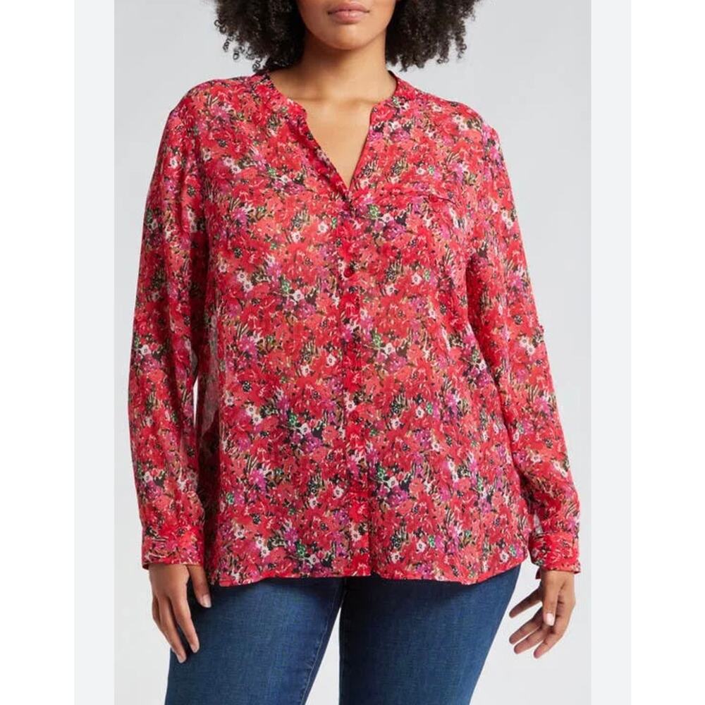 Kut From‎ the Kloth Jasmine Roll Sleeve Top Plus Size 1X Sheer Floral Red Blouse